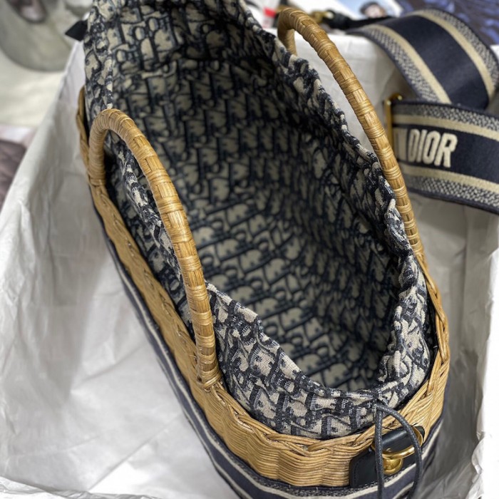 D*or wicker basket bag blue D*or oblique jacquard and natural wicker