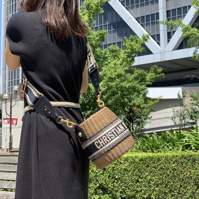 D*or wicker bucket bag blue cd oblique jacquard and natural wicker