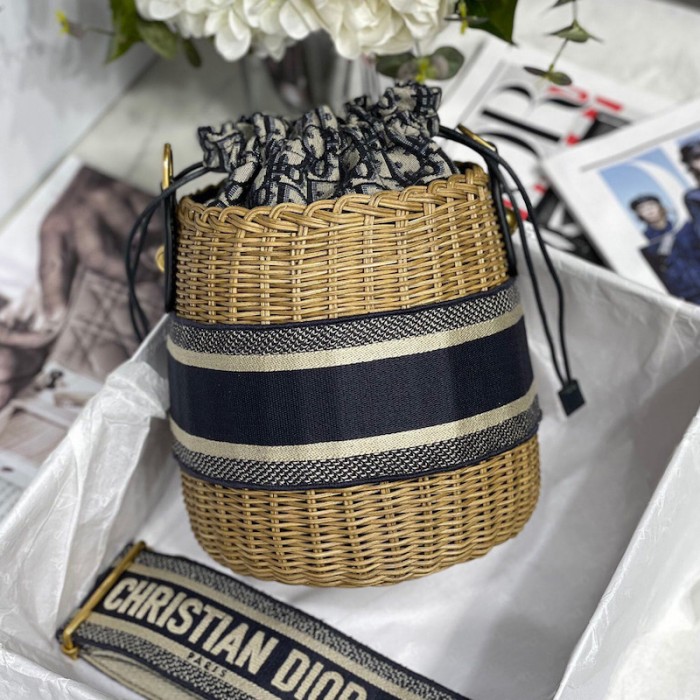 D*or wicker bucket bag blue cd oblique jacquard and natural wicker