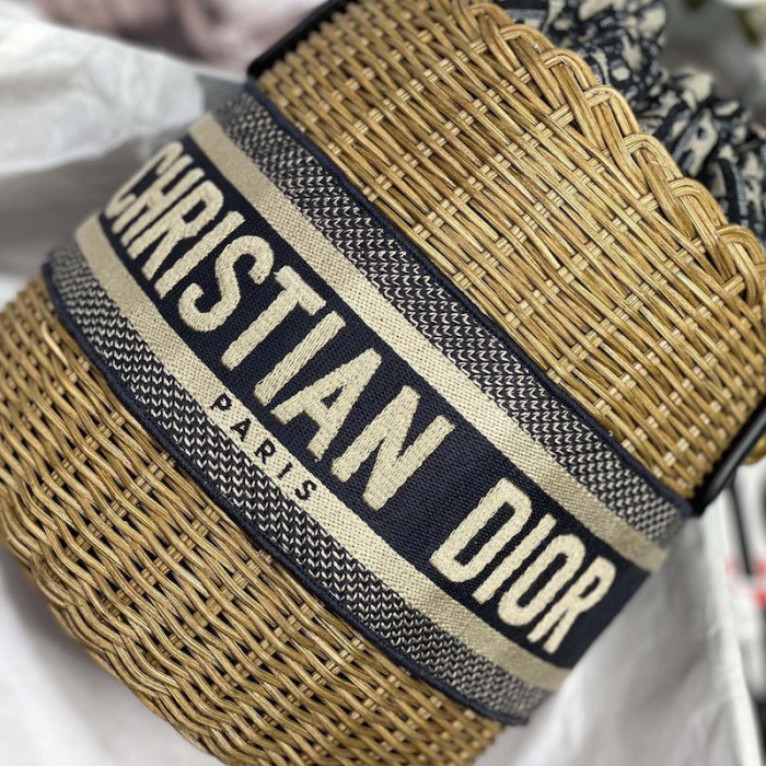 D*or wicker bucket bag blue cd oblique jacquard and natural wicker