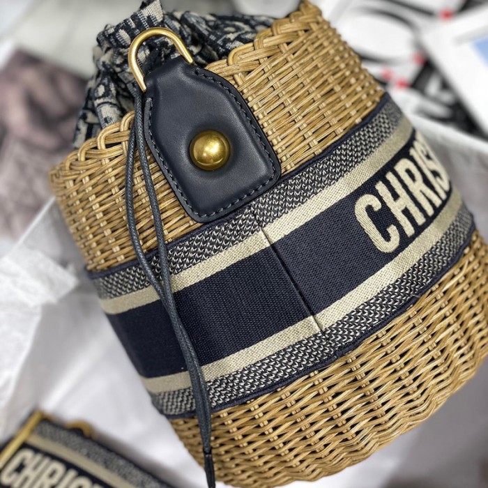 D*or wicker bucket bag blue cd oblique jacquard and natural wicker