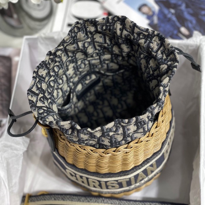 D*or wicker bucket bag blue cd oblique jacquard and natural wicker