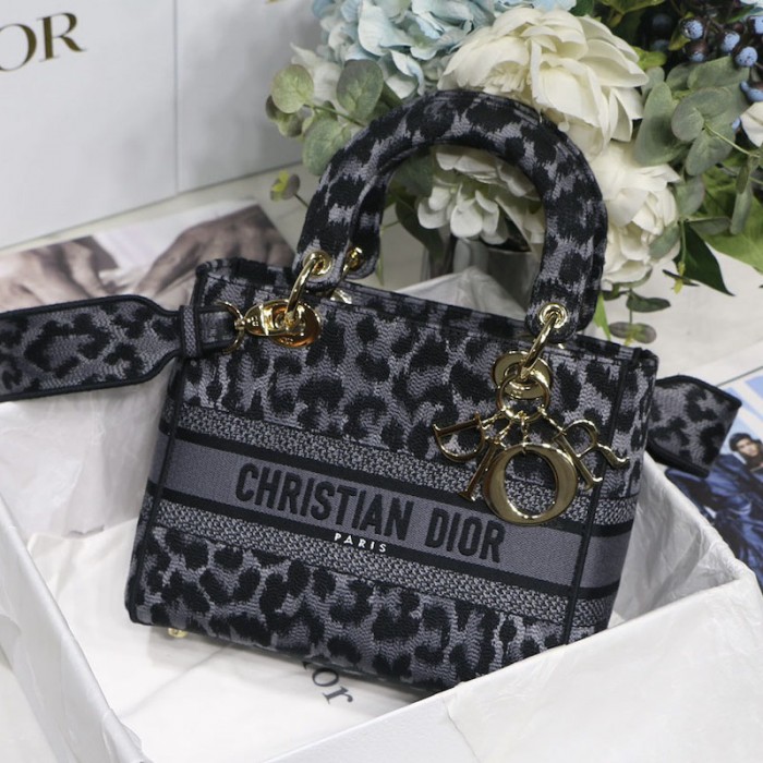 D*or medium lady d-lite bag gray leopard mizza embroidery