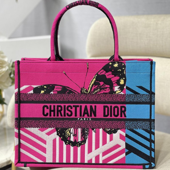 medium D*or book tote bright pink and blue d-jungle pop embroidery