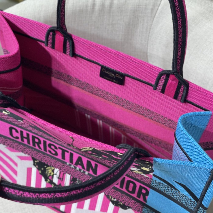 medium D*or book tote bright pink and blue d-jungle pop embroidery