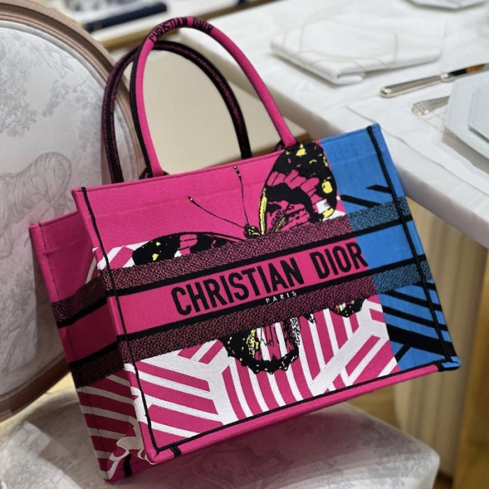 medium D*or book tote bright pink and blue d-jungle pop embroidery