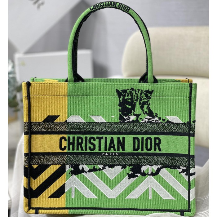medium D*or book tote bright green and orange d-jungle pop embroidery
