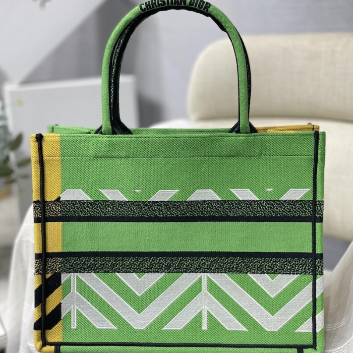 medium D*or book tote bright green and orange d-jungle pop embroidery
