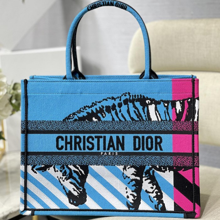medium D*or book tote bright blue and pink d-jungle pop embroidery