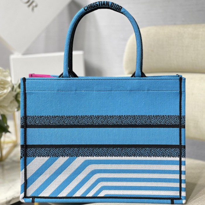 medium D*or book tote bright blue and pink d-jungle pop embroidery