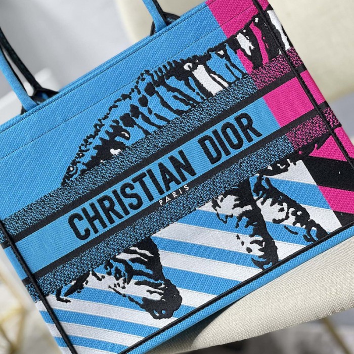 medium D*or book tote bright blue and pink d-jungle pop embroidery
