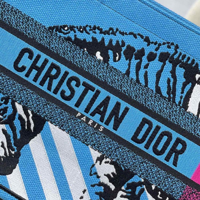 medium D*or book tote bright blue and pink d-jungle pop embroidery