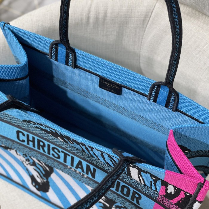 medium D*or book tote bright blue and pink d-jungle pop embroidery