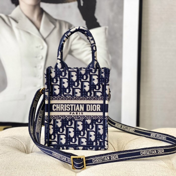 mini D*or book tote phone bag blue D*or oblique embroidery