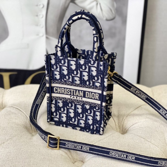mini D*or book tote phone bag blue D*or oblique embroidery