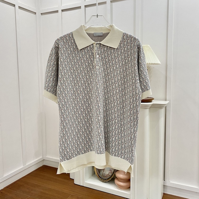 D*or oblique polo shirt white blue and brown cotton jacquard