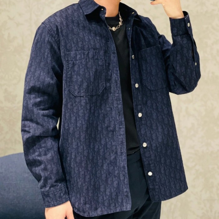 navy blue and black D*or oblique kasuri cotton denim overshirt