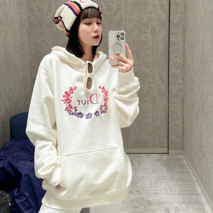 D*or relaxed-fit hooded sweatshirt white cotton fleece