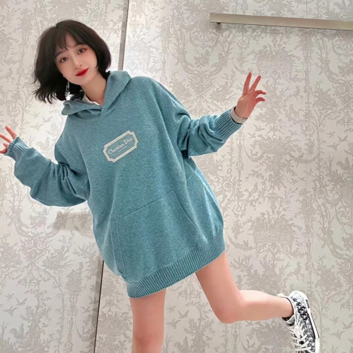 ch**an D*or couture hooded sweatshirt blue cashmere fleece