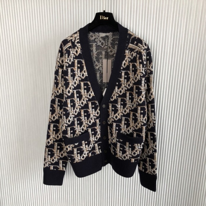 D*or oblique cardigan navy blue wool jacquard