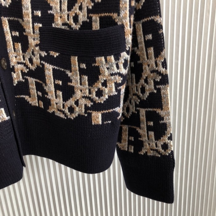 D*or oblique cardigan navy blue wool jacquard