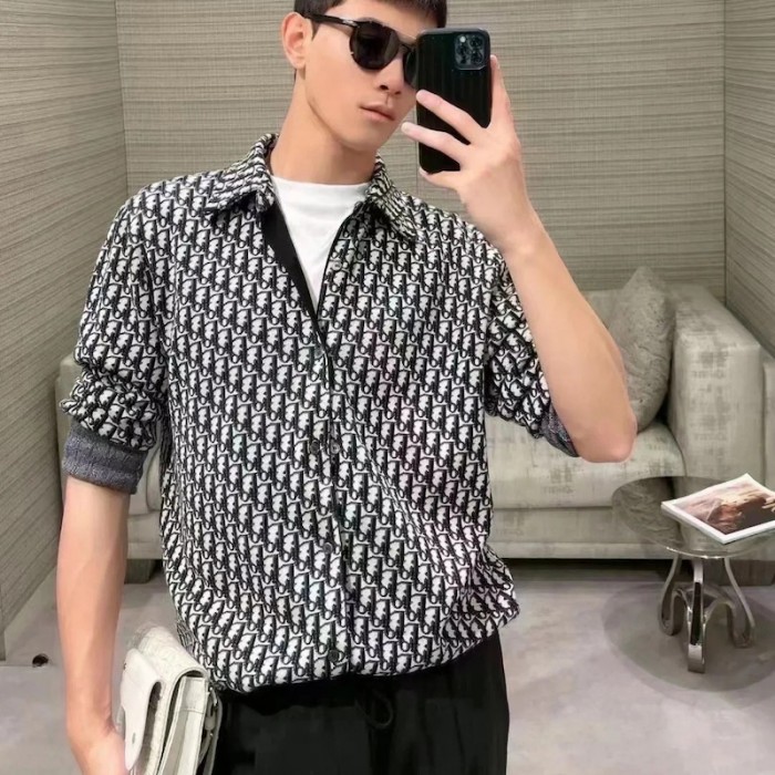 D*or oblique overshirt beige and navy blue cotton knit