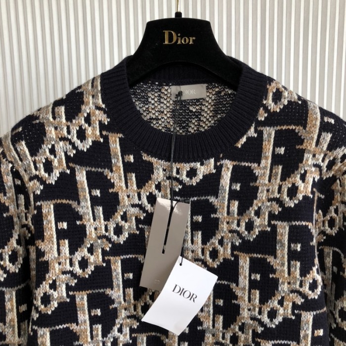 D*or oblique sweater navy blue wool jacquard