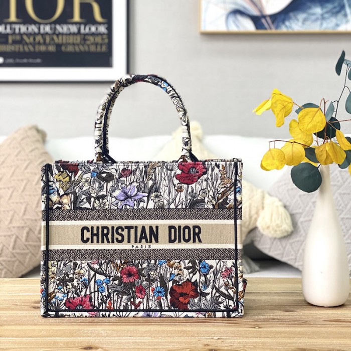D*or small D*or book tote bag multicolor mille fleurs embroidery