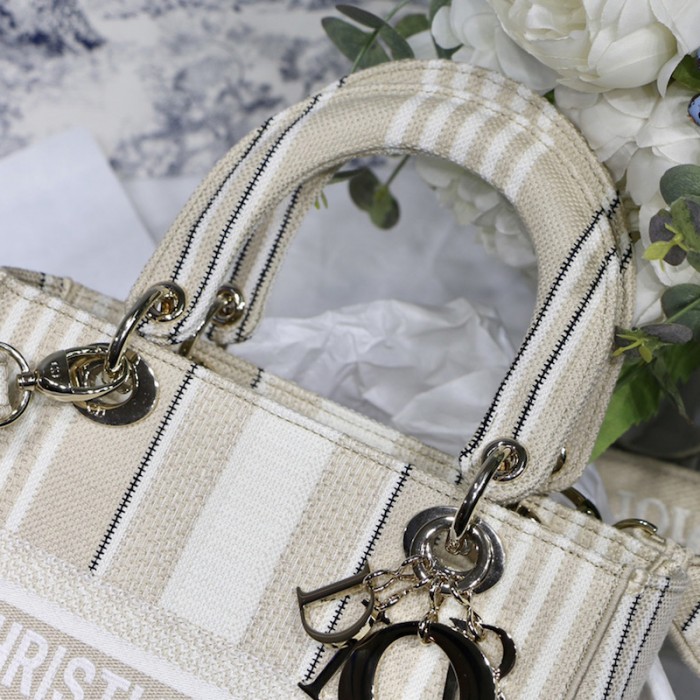 D*or medium lady d-lite bag beige stripes embroidery