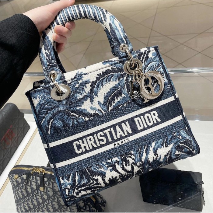 D*or medium lady d-lite bag blue D*or palms embroidery