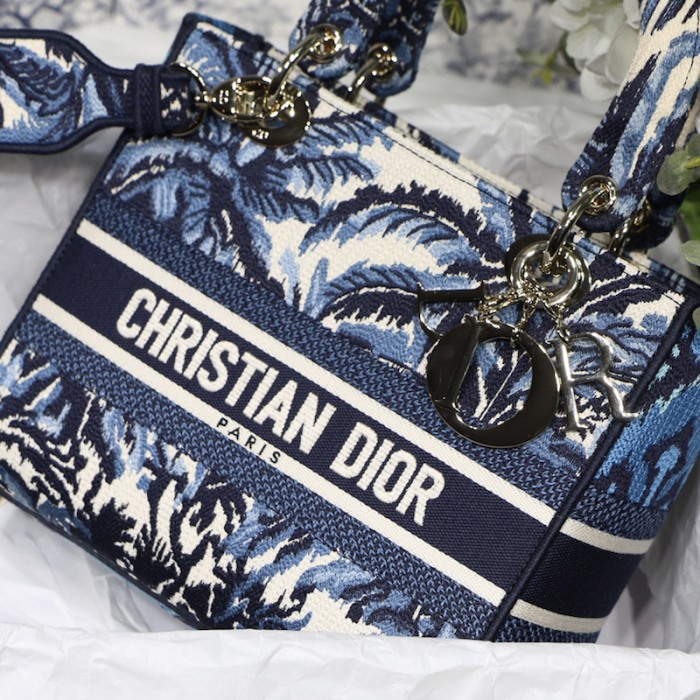D*or medium lady d-lite bag blue D*or palms embroidery