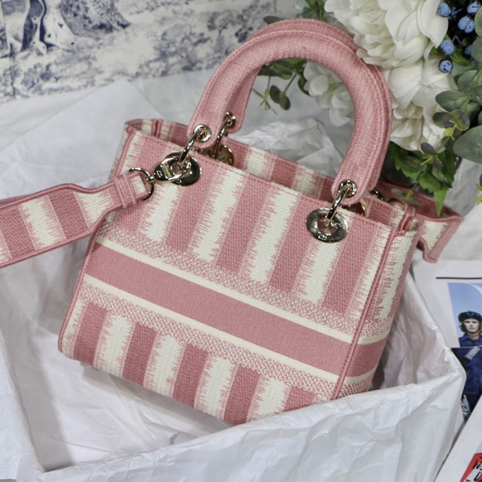D*or medium lady d-lite bag pink stripes embroidery