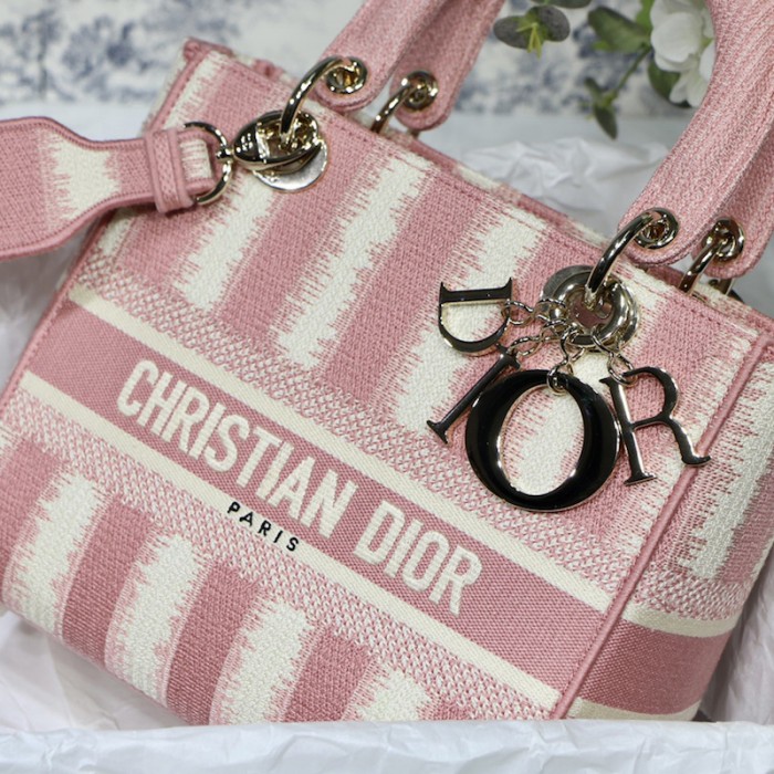 D*or medium lady d-lite bag pink stripes embroidery
