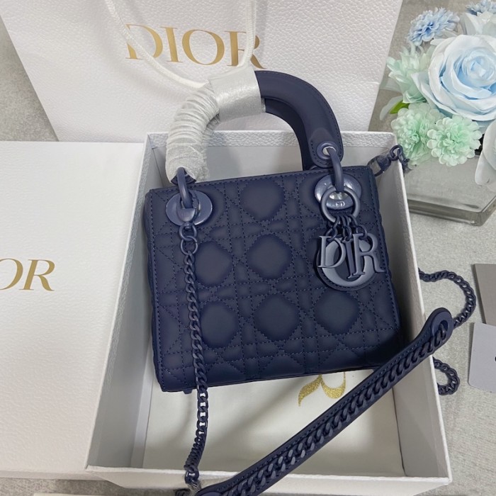 mini lady D*or bag blue ultramatte cannage calfskin