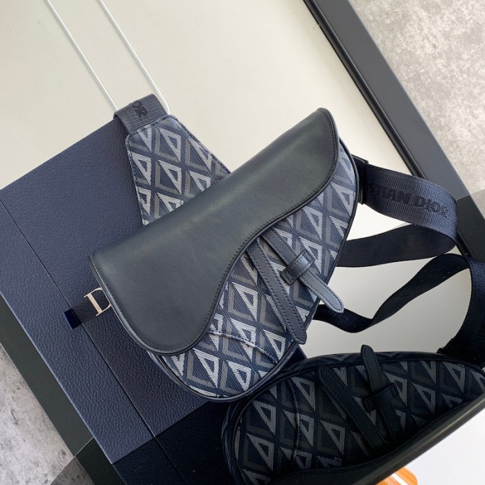 D*or saddle bag navy blue cd diamond canvas and smooth calfskin
