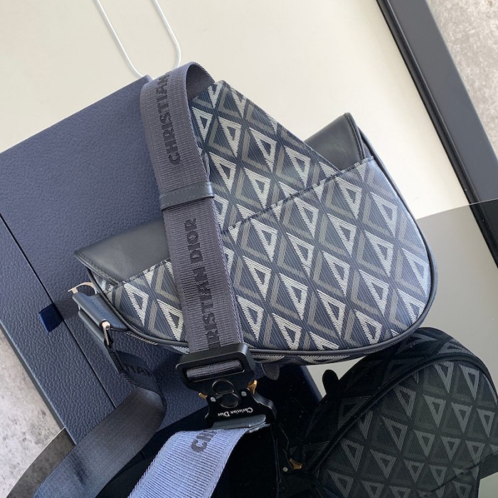 D*or saddle bag navy blue cd diamond canvas and smooth calfskin