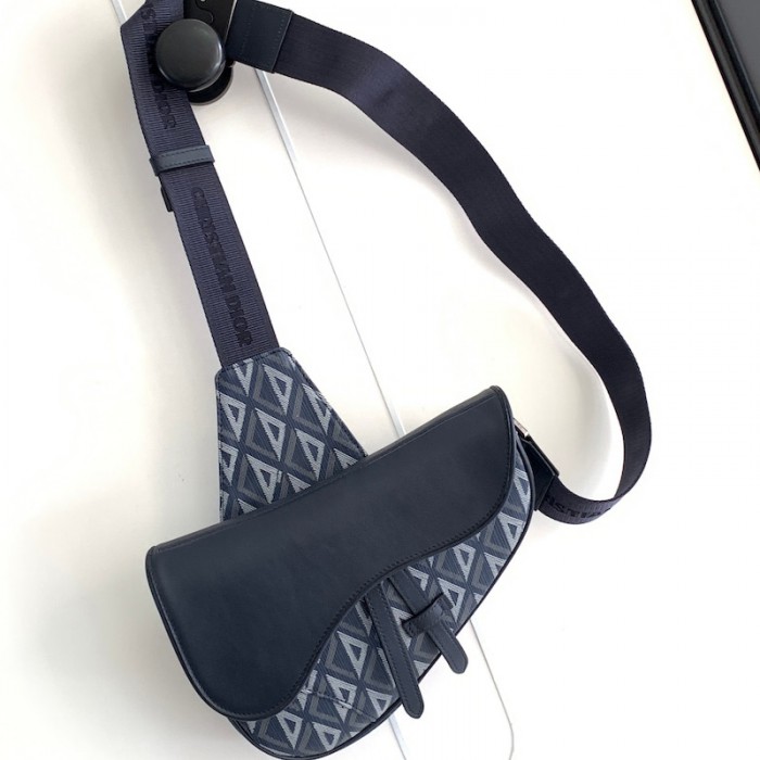 D*or saddle bag navy blue cd diamond canvas and smooth calfskin