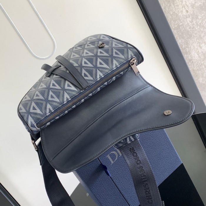 D*or saddle bag navy blue cd diamond canvas and smooth calfskin