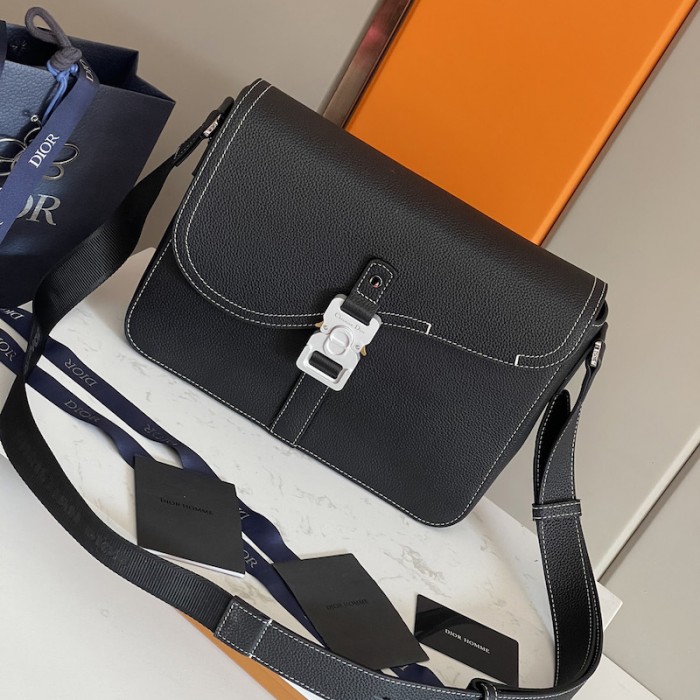 D*or saddle bag with strap black grained calfskin