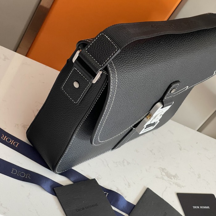 D*or saddle bag with strap black grained calfskin