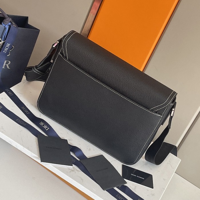 D*or saddle bag with strap black grained calfskin