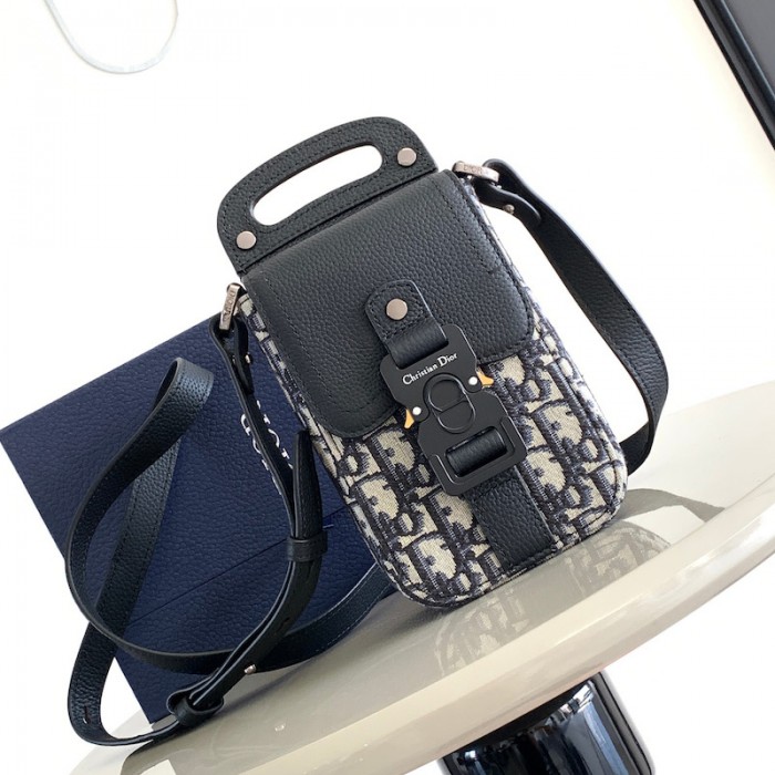 D*or saddle vertical pouch with strap beige and black D*or oblique jacquard