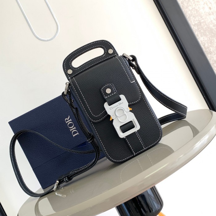 D*or saddle vertical pouch with strap black grained calfskin