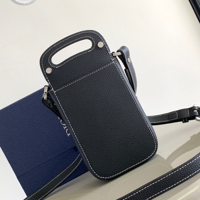 D*or saddle vertical pouch with strap black grained calfskin