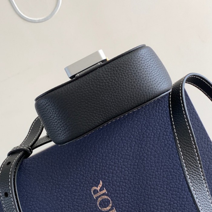 D*or saddle vertical pouch with strap black grained calfskin