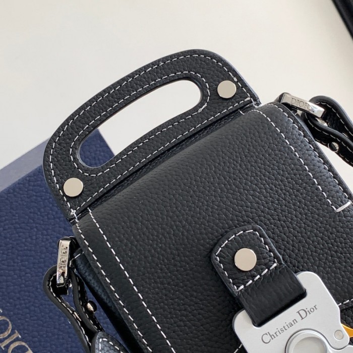 D*or saddle vertical pouch with strap black grained calfskin