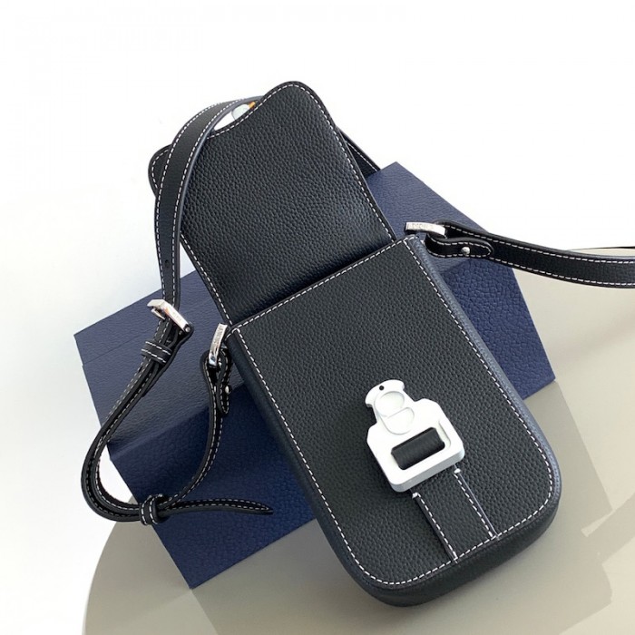 D*or saddle vertical pouch with strap black grained calfskin