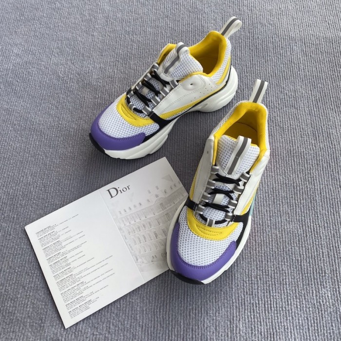 D*or b22 sneaker in white technical knit and white and yellow calfskin