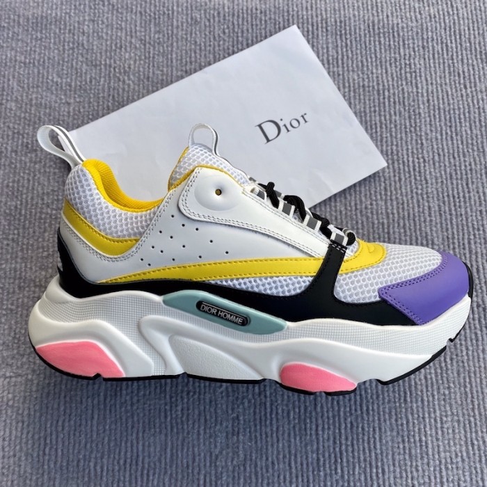 D*or b22 sneaker in white technical knit and white and yellow calfskin