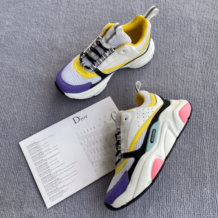 D*or b22 sneaker in white technical knit and white and yellow calfskin